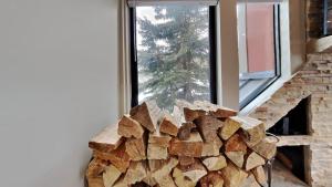 马姆莫斯湖1849 Condos 511 condo的窗户前的一堆木柴