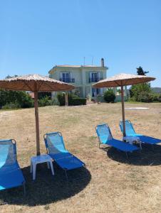 un gruppo di sedie blu e ombrelloni su un campo di Villa Poseidon Artemisiou Παραθαλάσσια Βίλα στην βόρεια Εύβοια για φιλοξενία 9 ατόμων a Artemísion