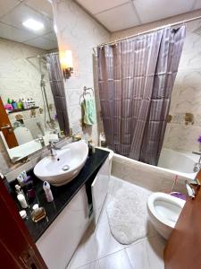 une salle de bain avec un lavabo, des toilettes et une douche dans l'établissement AlenaHome, à Sabkhah