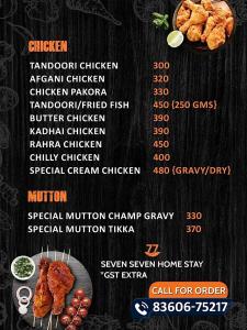a menu for a restaurant with chicken and other food items at SEVEN SEVEN HOMESTAy in Amritsar