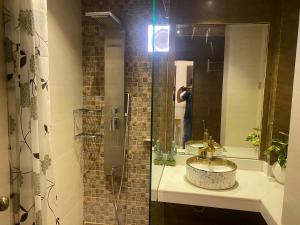 a bathroom with a sink and a shower with a mirror at Hotel Milton in Islamabad