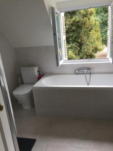 a bathroom with a tub and a toilet and a window at Farm with view, horses and castles, plain nature in La Ferté-Saint-Cyr +39 photos