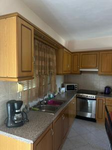 a kitchen with wooden cabinets and a sink and a stove at Karfas Endless Blue Studio in Karfas +3 photos
