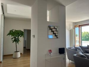 ein Wohnzimmer mit Sofa und Topfpflanze in der Unterkunft Montevecchio 56 in Fano