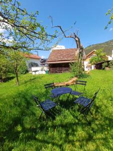 due sedie e un tavolo nell'erba di Bio Ferienwohnungen im Lieblingsort 1868 a Garmisch-Partenkirchen