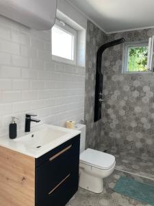 a bathroom with a white toilet and a sink at Azur Dream by the Lake in Zamárdi +12 photos