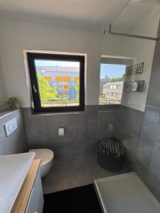 a bathroom with a toilet and a window at WohlfühlWerk L4 in Mechernich +45 photos