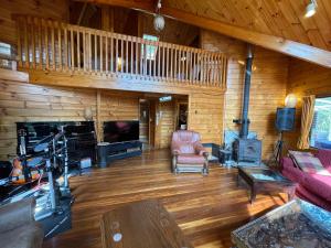 a living room with a couch and a tv and a fireplace at Nakadaki Art Village in Shiigi