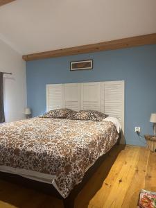 a bedroom with a large bed with a blue wall at Gîte nature et spa in Saint-Sulpice