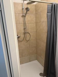 a shower with a shower curtain in a bathroom at Monteur- und Ferienwohnung Ketsch in Ketsch