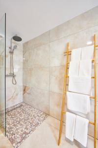 a bathroom with a shower and a towel rack at TH 202 Charmant duplex F4 au 2ème étage - 7 personnes in Thann