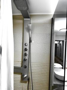 una doccia in un bagno accanto a uno specchio di Casa Maya a 23 Agosto (Douăzeci şi Trei August)