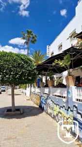 a tree sitting next to a wall with graffiti at Hotel La Residence Hammamet in Hammamet