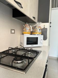 una cocina con estufa y microondas en Arena Dorada apartaments Margarita, en Balestrate