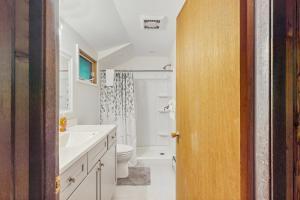 a bathroom with a white toilet and a sink at Stowebury Retreat in Waterbury Center +37 photos
