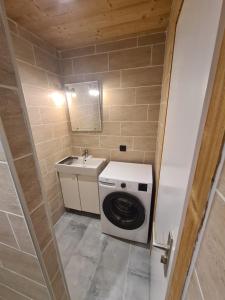 a small bathroom with a washing machine and a sink at Ma P'tite Étoile in Le Grand-Bornand +13 photos