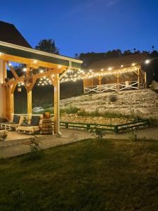a house with a pergola with lights on it at Domeniul Bondarelului in Ocolişu Mic