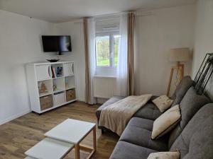 a living room with a couch and a table at Appartement rénové Au Rain Grébatte avec terrasse in La Croix-aux-Mines