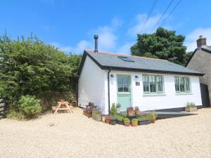 a white cottage with potted plants in front of it at Lavender Cottage in Helston