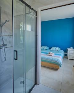 ein Bad mit einer Glasdusche und einem Bett in der Unterkunft Villa Jardin et forêt océan au Verdon in Le Verdon-sur-Mer