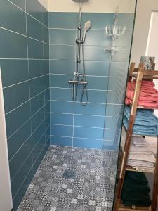 a bathroom with a shower with blue tiles at Residence in Verdun
