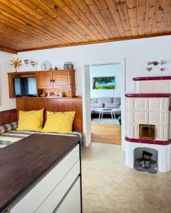 a kitchen and living room with a couch and a stove at Home of heart Schladming in Schladming