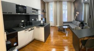 a kitchen and living room with a couch and a table at Holec Apartments in Prague