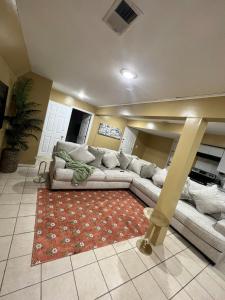 a living room with a couch and a rug at Lovely Cozy 3 king bedroom, 5 mins EWR Airport in Abbeyville