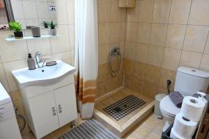 a bathroom with a shower and a sink and a toilet at Penelope's and John's House in Kavála +37 photos