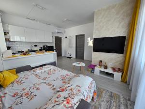 a living room with a bed and a kitchen at Apartament Dem Rădulescu langa strand in Râmnicu Vâlcea