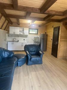 a living room with two leather couches and a kitchen at Rivera Cabin in Colibiţa +12 photos