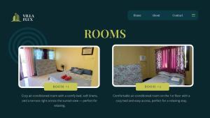 two pictures of a room with two beds at Villa Flux in Locbol