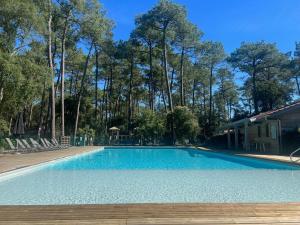 a blue swimming pool with trees in the background at SUPERBE CHALET sous les pins in Ondres