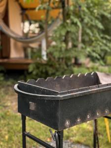 a black grill sitting in the middle of a yard at Еко-готель Quiet Forest in Kopystin