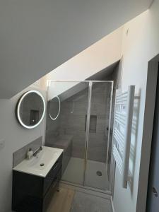 a bathroom with a sink and a shower at Appartement rénové en centre-ville avec terrasse in Millau +5 photos