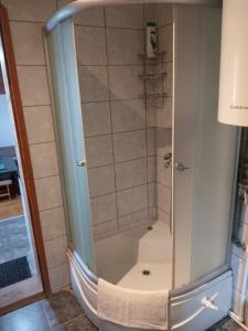 a shower with a glass door in a bathroom at Apartman Lucija in Žabljak +25 photos