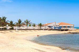 a beach with a house and palm trees and the ocean at Cozy 2 BDR Apartment Near Murdeira Beach LCGR in Palha Verde
