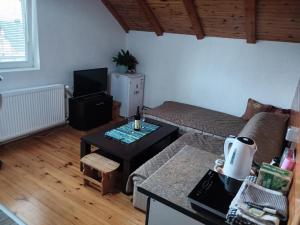 una sala de estar con un sofá y una mesa en Apartman Lucija, en Žabljak