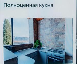 a kitchen with a stove and a stone wall at Holiday Home Сhiora in Mtskheta