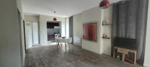 ein Wohnzimmer mit Tisch und Fernseher in der Unterkunft Havre de paix in Évian-les-Bains