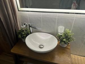 ein weißes Waschbecken im Bad mit zwei Pflanzen in der Unterkunft Sunnyhomes Ipsilantou in Loutraki + 8 Fotos