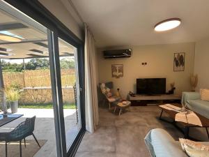een woonkamer met een bank en een televisie bij Villa secrecy in Lixouri