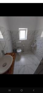 a bathroom with a sink and a toilet and a window at Casa Ardelean in Sita Buzăului +44 photos