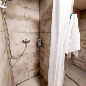 a shower with a shower curtain in a bathroom at Ubytování E4 Praha Letná in Prague