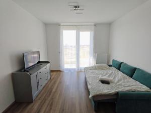 a living room with a couch and a flat screen tv at Juniper 2 Studio in Kecskemét