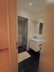 Un baño con ducha, lavabo y espejo. en Elite Luxury Suites at Embassy Gardens, en Accra