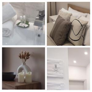 a collage of four pictures of a bed and a table at Apartament Rodopi in Smolyan