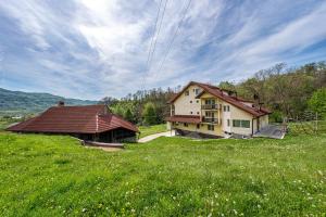 a house in a field of grass with a building at Pensiunea Tiuta in Corbeni
