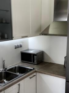 une cuisine avec un évier et un micro-ondes dans l'établissement 1 Bedroom Cozy Studio, à Athènes