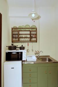 a kitchen with a stove and a sink and a counter top at O Ampelonas tou kyr Giorgou in Skopelos Town +36 photos